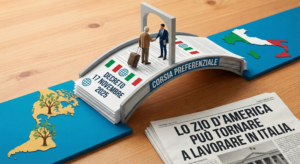 Illustrazione concettuale di un ponte tra Americhe e Italia, simbolo della nuova corsia preferenziale per il lavoro dei discendenti italiani.