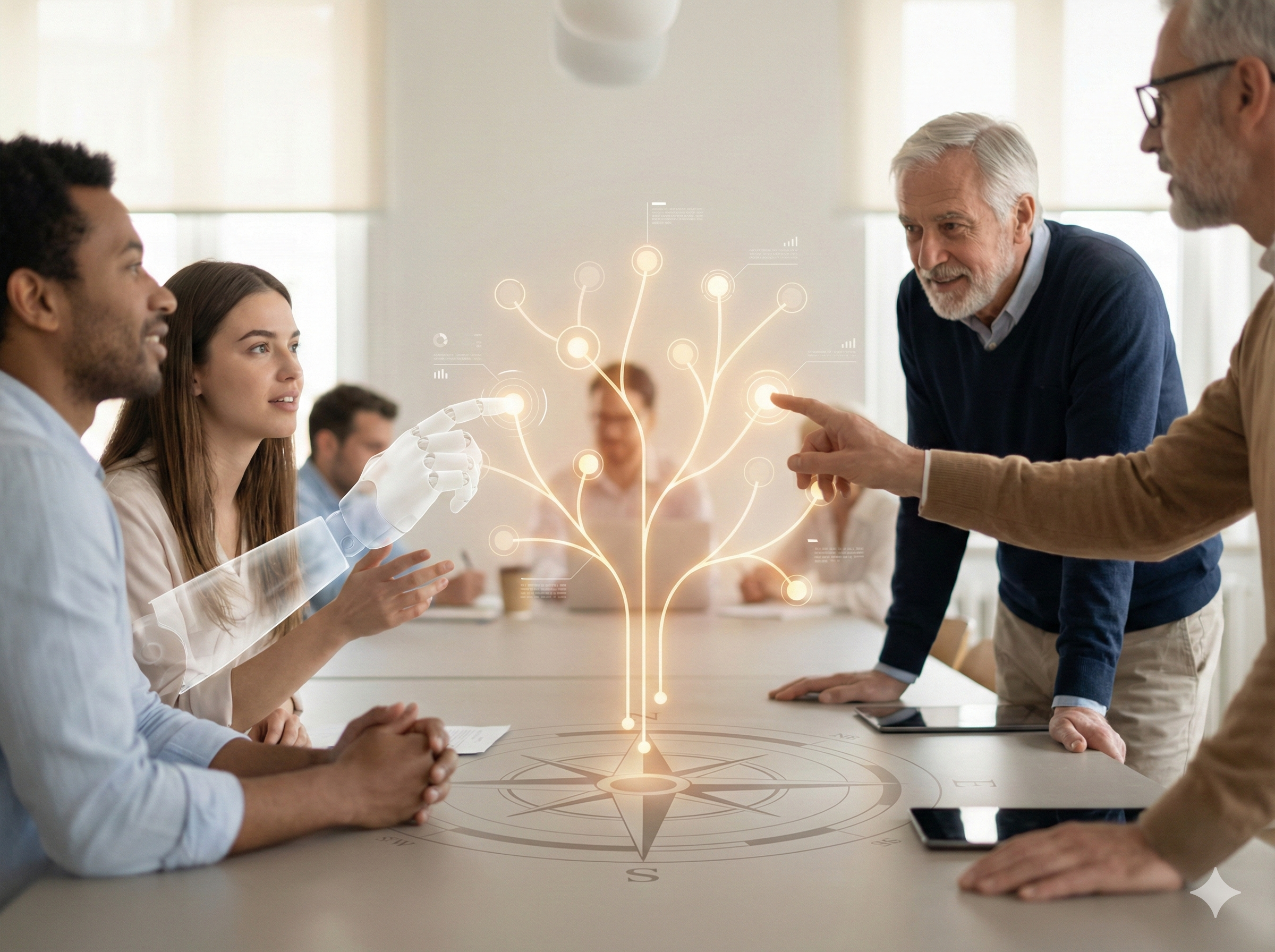 Un gruppo eterogeneo di professionisti di diverse generazioni collabora attorno a un tavolo da riunione. Al centro, una bussola digitale proietta un albero luminoso di connessioni, simboleggiando la direzione strategica. Una mano umana e una mano robotica stilizzata interagiscono insieme con i nodi luminosi dell'albero, rappresentando l'integrazione culturale e la collaborazione tra uomo e IA nel contesto aziendale.
