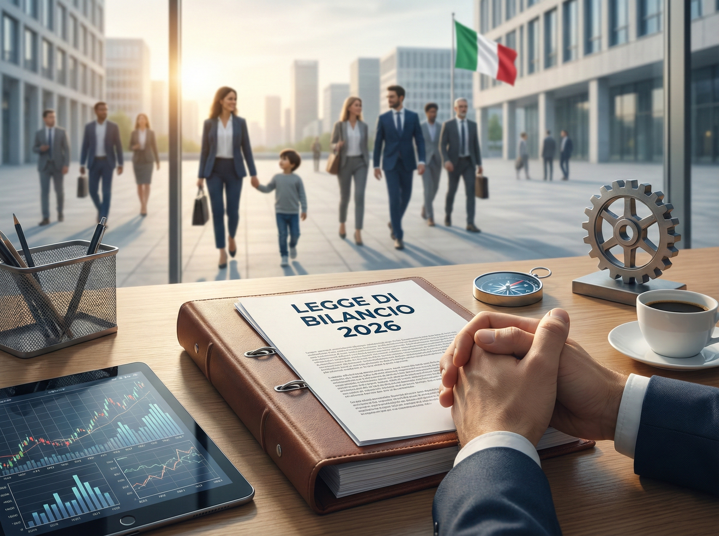 Scrivania di un manager con il documento "Legge di Bilancio 2026" e strumenti di analisi dati. Sullo sfondo, attraverso una vetrata, si vedono professionisti e una madre con bambino, simboleggiando la pianificazione strategica degli incentivi al lavoro per imprese e famiglie.